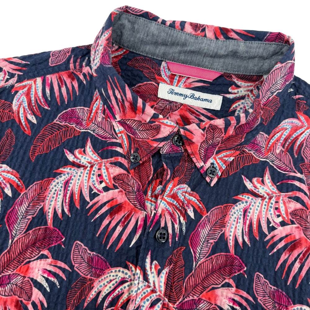 Tommy Bahama Shirt Mens Large Navy Pink Tropical Leaf Seersucker Button Down
